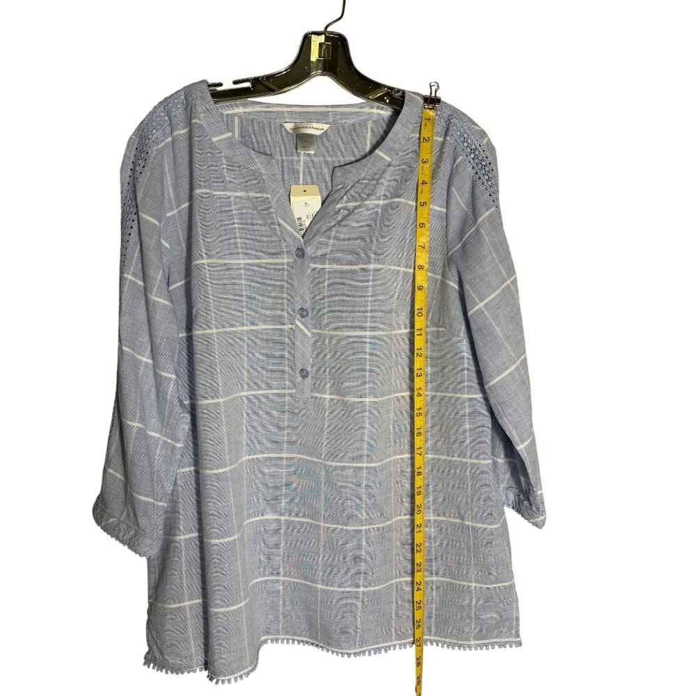 Christopher & Banks Blue Plaid 3/4 Sleeve Tunic Top W/Lace Detail Size L - Picture 8 of 13
